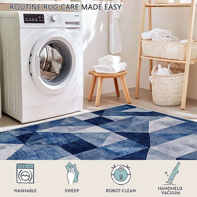 9x12 Navy Blue Area Rug Modern Geometric Blue White Beige Bedroom Rug Soft Low Pile Thin Large Carpet Living Room Non Slip Dining Room Stain Resistant Office Washable Machine