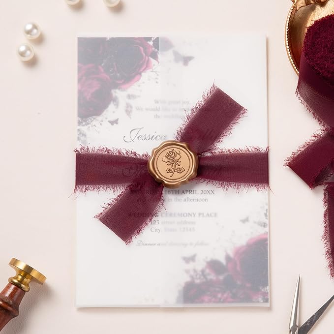 DORIS HOME Burgundy and Pink Chiffon Ribbon for Flower Bouquet, 1" x21Yd Fabric Ribbon for Gift Wrapping, Handmade Frayed Ribbon for Wedding Invitations/Christmas Decorations