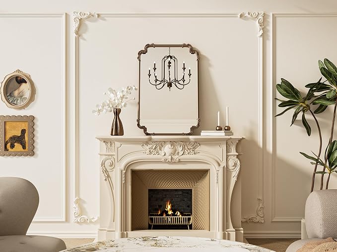 TETOTE Antique Gold Brass Rectangle Mirror for Mantle Fireplace 24 x 36 Baroque Vintage Ornate Scroll Wall Mirror with Metal Frame for Traditional Victorian French Decor, Horizontal/Vertical