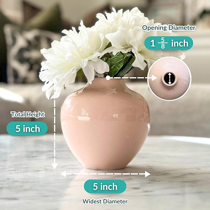Willowy Small Pinkish-Beige Porcelain Flower Vase – 5 Inch Glossy, Ceramic Pink Vases for Home Decor, Tan Vases for Flowers, Mini/Short Beige Round Vase