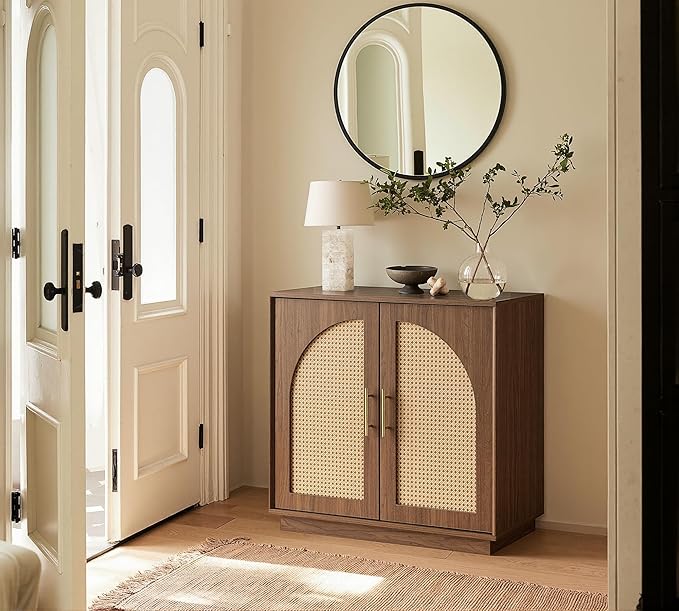 FORTUNETEC Sideboard Buffet Cabinet with Storage Set of 3, Modern Accent Cabinet with Rattan Arched Doors, Modular Media Console, Boho Credenza for Living Room Kitchen Dining Room Entryway, Walnut