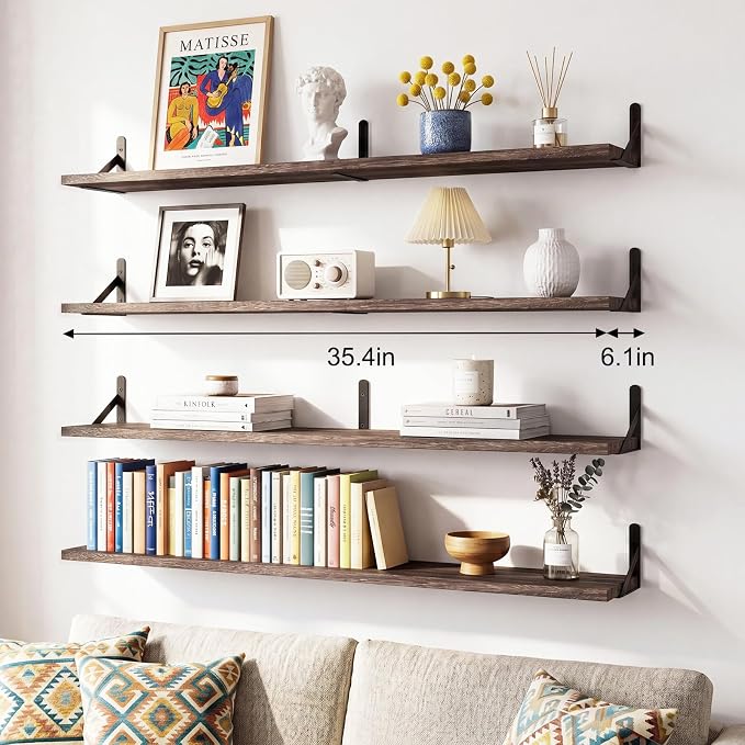 YGEOMER Floating Shelves for Wall, 35in Brown Wall Shelves for Living Room, Bathroom, Bedroom, Kitchen, Home Decor (Set of 4)