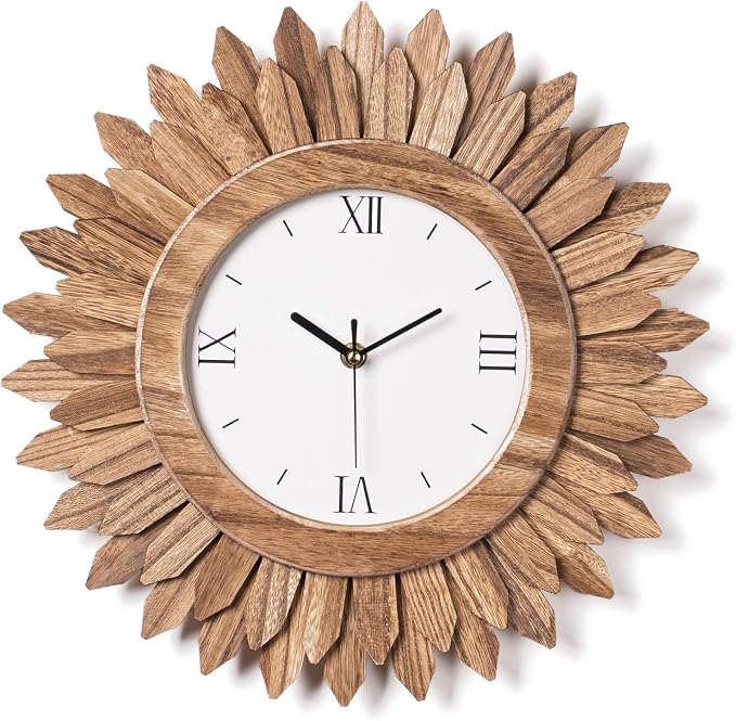 Honiway 14 Inch Wall Clocks Battery Operated Silent Non Ticking Rustic Wood Boho Sunburst Decorative Wall Clock for Living Room Kitchen Bedroom Farmhouse Office Decor (Rustic Brown-Roman Numerals)