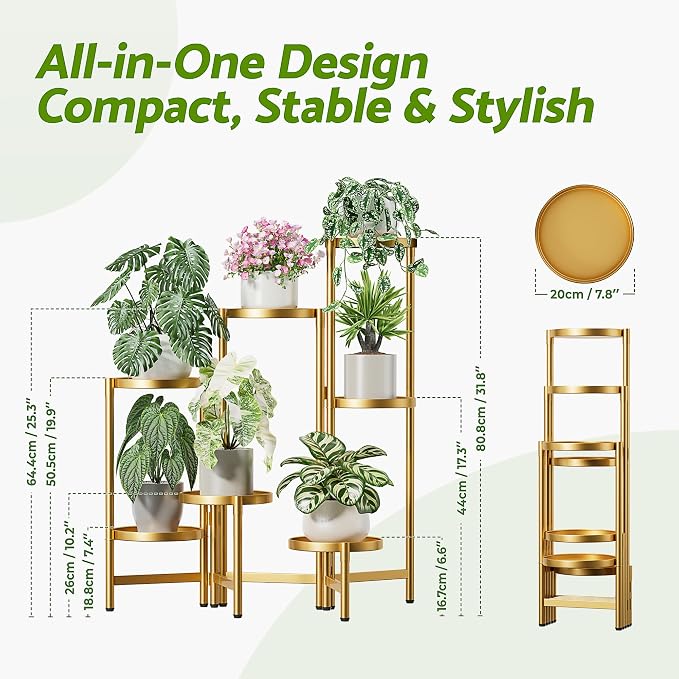 Patio Plant Stand, 7 Tiered Plant Stand Indoor for Multiple Large Planter, Tall Heavy Duty Adjustable Folding Rack with Rustproof 7.9 Inch Wide Tray, Folding Plant Shelf for Corner - GoldDisk