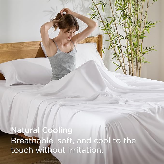 Bedsure Full Size Bed Sheets, Cooling Sheets, Rayon Derived from Bamboo, Deep Pocket Up to 16", Breathable & Soft, Hotel Luxury Silky Bedding for Hot Sleepers, White