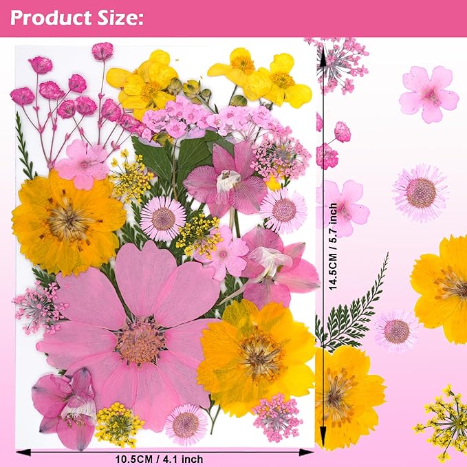 30Pcs Dried Pressed Natural Flowers for Resin Molds Real Pressed Flowers Dry Leaves Bulk Natural Herbs Kit for DIY Scrapbooking Art Crafts Jewelry Molds Candle Soap Making Nails Decor (Yellow+ Pink)