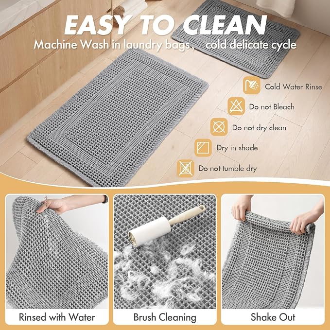 MIULEE Set of 2 Waffle Bathroom Rugs, Boho Bath Rug Super Absorbent, Non Slip Washable Ultra Soft Rubber Backed Shower Bath Mats for Floor, Tub, Shower, Looped Design, Light Grey, 17x24 Inch