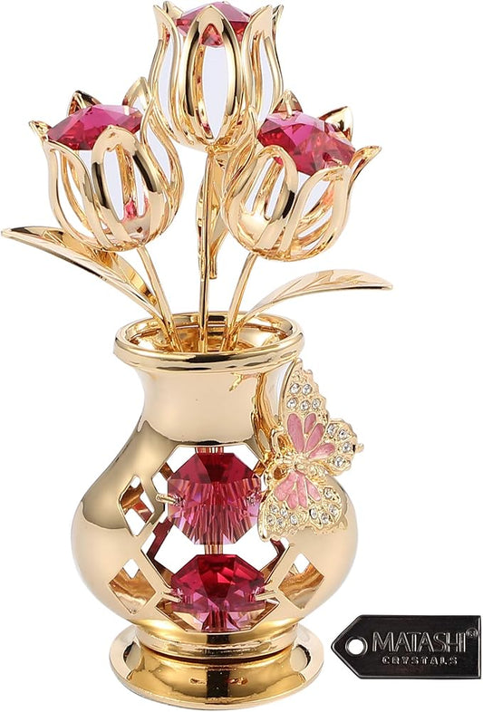Beautifully Crafted Tulips in A Vase Table Top Ornament Dipped in 24k Gold Plating Made with Genuine Matashi Crystals (Butterfly, Red Crystal)