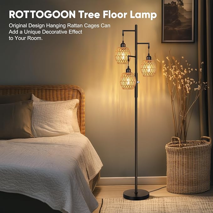 ROTTOGOON Dimmable Boho Floor Lamp - 3 Light Farmhouse Rattan Floor Lamps for Living Room, Tree Floor Lamps with Bohemian lampshades, Rustic Standing Tall Lamps for Bedroom, Office, 68", 6W, Black