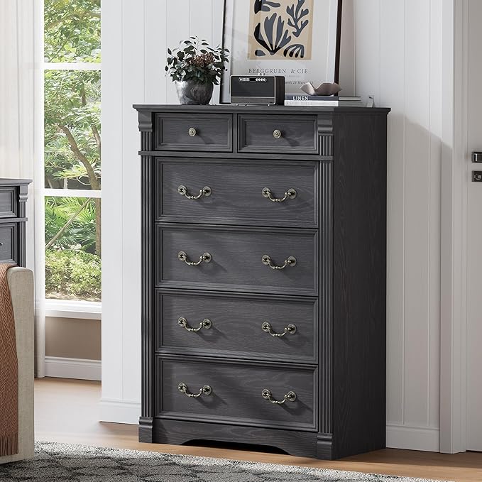 Grey 6 Drawer Dresser for Bedroom, 47" Tall Dresser, Wood Rustic Chest of Drawers with Chic Wood Pilasters, Dressers Organizer for Bedroom, Hallway, Living Room