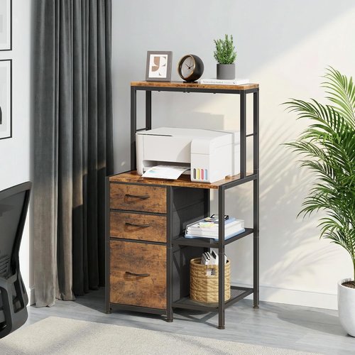 HIGDBFE File Cabinet - 3 Fabric Drawers & 4 Open Shelves - Rustic Brown Office Storage Solution