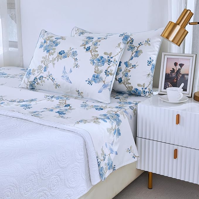 Brandream Queen Size Sheet Set Luxury Blossom Floral Birds Bedding Collections 800 Thread Count 100% Egyptian Cotton Deep Pocket, 4 Piece White Blue Botanical Branches Flower