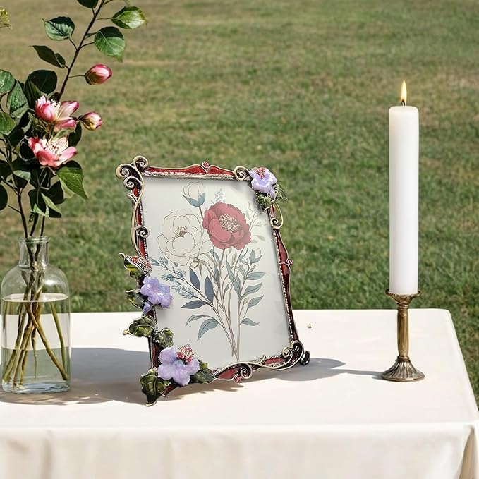 Vintage Floral Picture Frames Luxury Unique Ornate Antique Metal 5X7 Photo Frame of HD Glass for Tabletop/Wall Display Gifts for Women (Retro Purple Flowers with Red Edges)