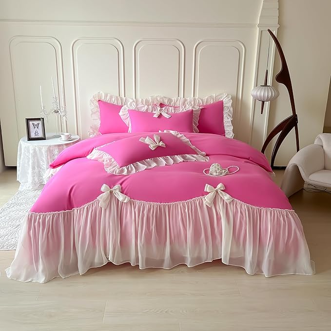 Girls Lace Bedding,Queen Comforter Cover Set, Chic Ruffled Duvet Cover with Lovely Bow,Princess Style 1 Duvet Cover with 2 Pillowcases, No Comforter-Hot Pink,Queen Size