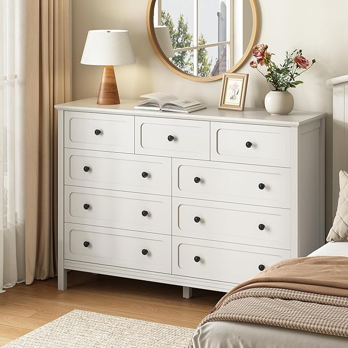 CARPETNAL White Dresser for Bedroom, 55" Wide 9 Drawer Dresser with Metal Handles and Deep Drawers, Modern Large Wood Chest of Drawers for Living Room, Hallway.