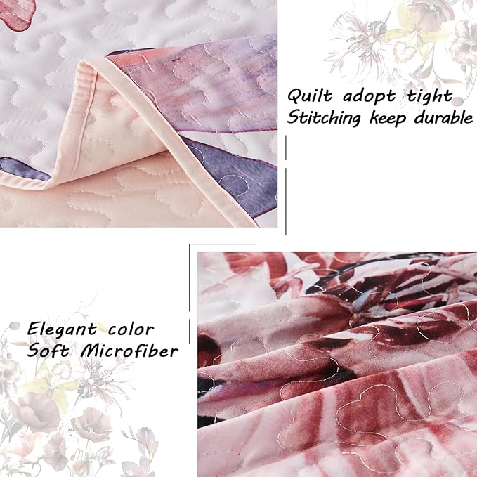 Yogeneg King Size Quilt Set, Elegant Floral Botanical Pattern Pink Bedding Set,3 Piece Lightweight Soft Summer Bedspread Coverlet with 2 PIillow Sham for All Season(Blush Floral,110"x96")