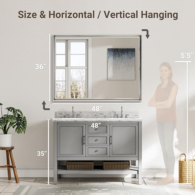 48 x 36 Silver Bathroom Mirror, Large Beveled Silver Bathroom Vanity Mirror, Shatterproof Silver Rectangle Mirror, Silver Metal Framed Mirror for Bathroom Wall, Anti-Rust(Vertical/Horizontal)