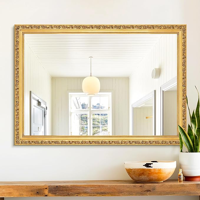 Gold Vintage Mirror, 40'' x 28'' Traditional Ornate Wall Mirrors with Antique Gold Frame, Decorative Mirrors for Living Room, Bathroom, Bedroom