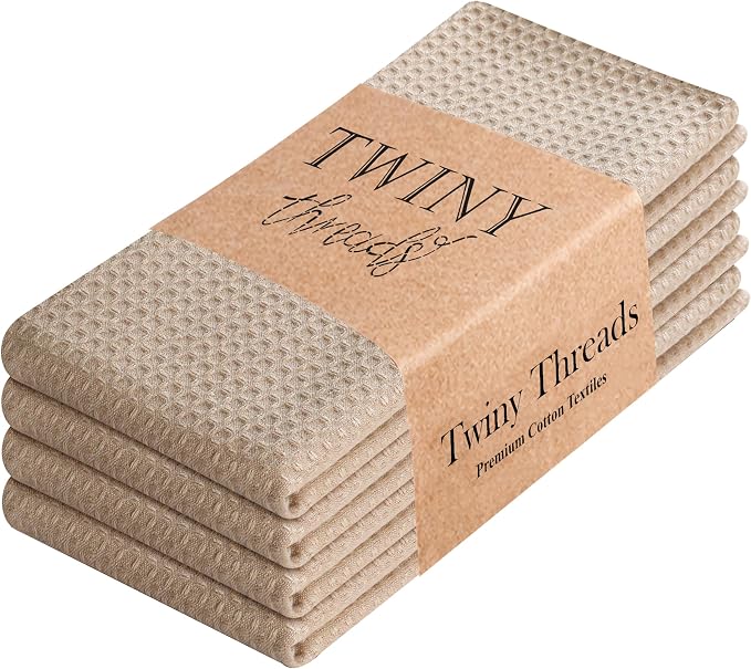 TWINY threads Waffle Kitchen Towel Pack of 4, 16x26 Inches, Premium 100% Cotton Kitchen Linen Set, Absorbent Dish Cloths for Cleaning and Drying, Machine Washable, Durable, Quick Dry, Beige