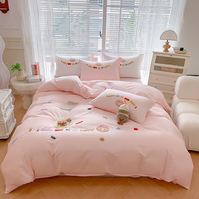 MorroMorn Twin Duvet Cover Cotton, 3D Embroidery Twin Bedding Sets Pink Bed Set All Seasons, Cute Chenille Embroidered Comforter Covers for Girls Kids Teen Preppy Dorm (Donut Pink, Twin/Twin XL)