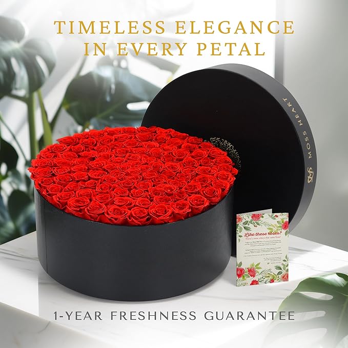 100 Preserved Roses, Forever Flowers for Delivery in Designer Round-Shaped Box, Petite Long-Lasting Buds for Women, Eternal Rose Bouquet for Mothers Day, Girlfriend's Birthday