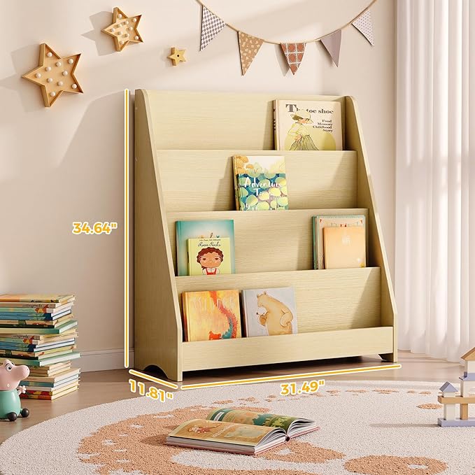 Tatub 4 Tier Kids Wooden Bookshelf, Toddler Sling Bookcase Montessori Bookshelf, Children Front Facing Book Shelf for Nursery, Playroom and Classroom, Natural Wood