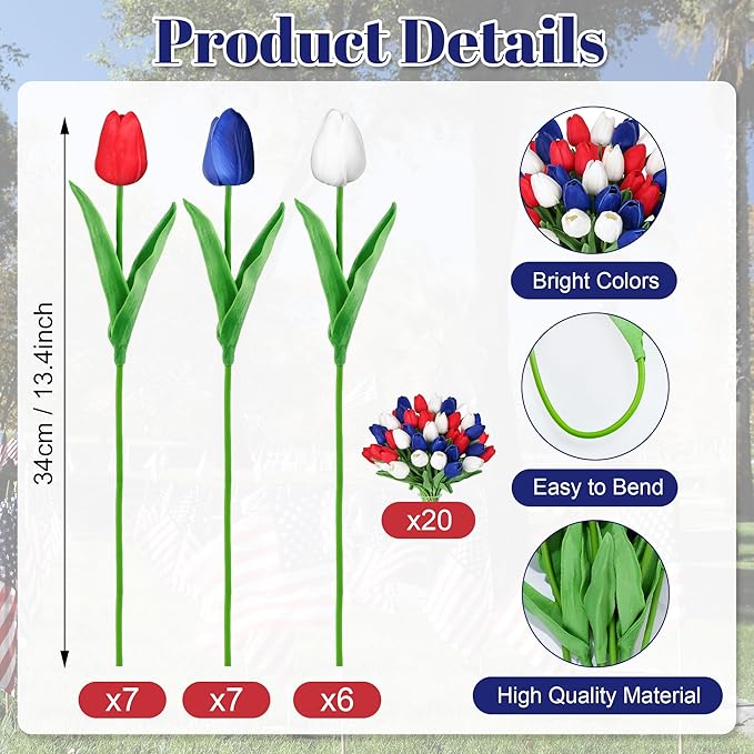 20pcs Artificial Tulips Patriotic Flowers for 4th of July Decor Fake Tulip Independence Day Slik Tulips Memorial Day Table Centerpiece Decor(Red White and Blue Flowers)