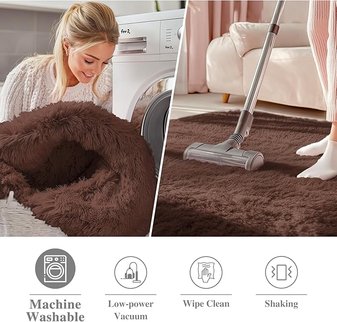 OLANLY Coffee Round Rugs for Bedroom - Machine Washable, 9 ft Circle Area Rugs for Living Room, Soft and Fluffy Shaggy Carpet for Teen Girls and Boys, Nursery Rooms, Dorms, Home Decor Aesthetic