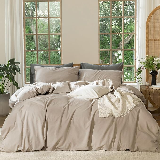 MooMee Bedding Duvet Cover Set 100% Washed Cotton Linen Like Textured Breathable Durable Soft Comfy (Heathered Taupe, Super King 108"x98")