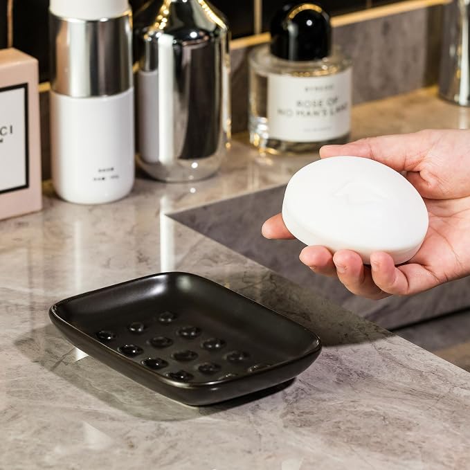 Miamolo Soap Dish, Ceramic Soap Holder Shower Soap Dish for Bar Soap Sponge, Soap Saver Tray for Bathroom Kitchen Sink, Black