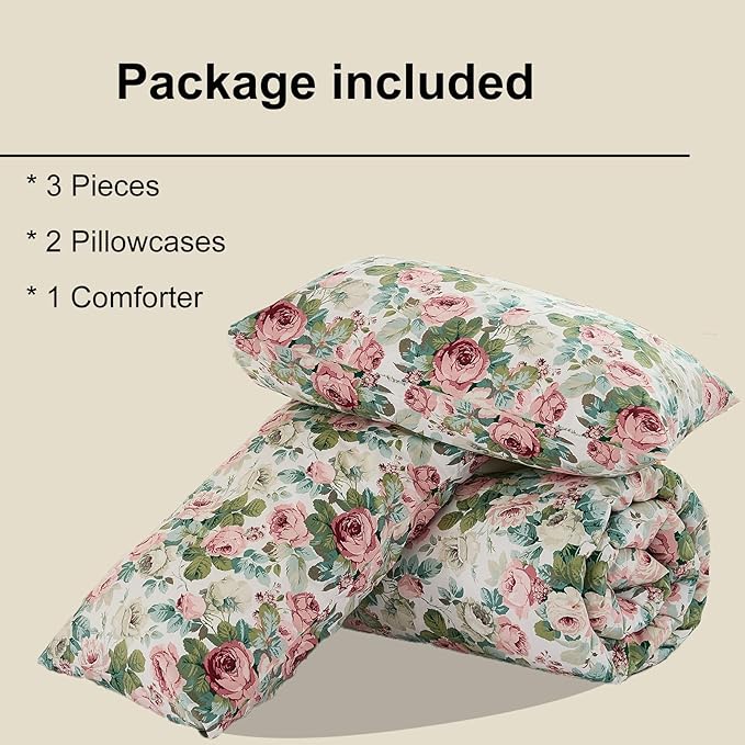Rose Red Floral King Bedding Romantic Girls Comforter Set Soft Botanical Vintage & Country Home Decor for All Season