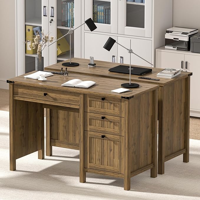 Executive Desk, Farmhouse Computer Desk with Drawers & Cabinet, Home Office Desk for Work Study Writing Workspace (Light Brown, 45")