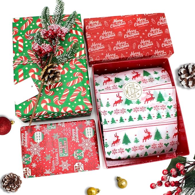 BCUEIDO 160 Sheets Christmas Tissue Paper Assorted Christmas Tissue Paper for Gift Wrapping, Christmas Gift Boxes and Wine Bottles