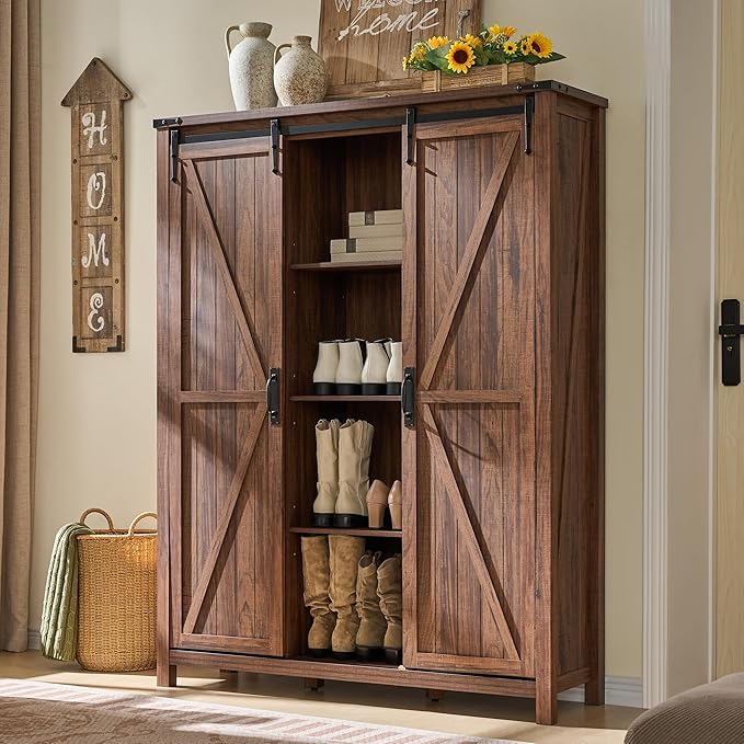 OKD Storage Cabinet with 2 Sliding Door, 7-Tier 62" Tall Farmhouse Entryway Shoe Cabinet, Freestanding Rustic Hidden Shoe Organizer for Entryway, Rustic Walnut