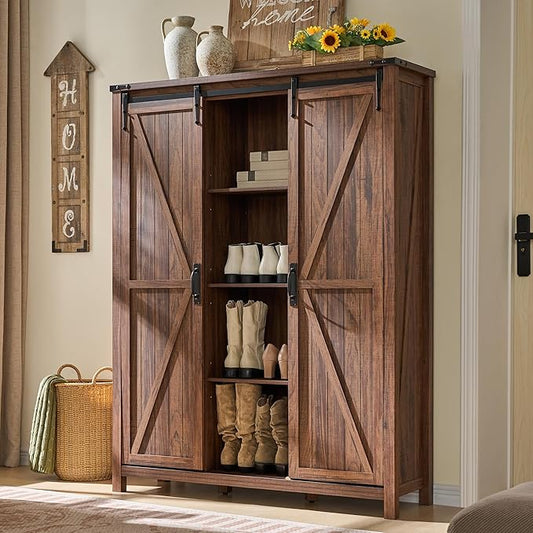 OKD Storage Cabinet with 2 Sliding Door, 7-Tier 62" Tall Farmhouse Entryway Shoe Cabinet, Freestanding Rustic Hidden Shoe Organizer for Entryway, Rustic Walnut