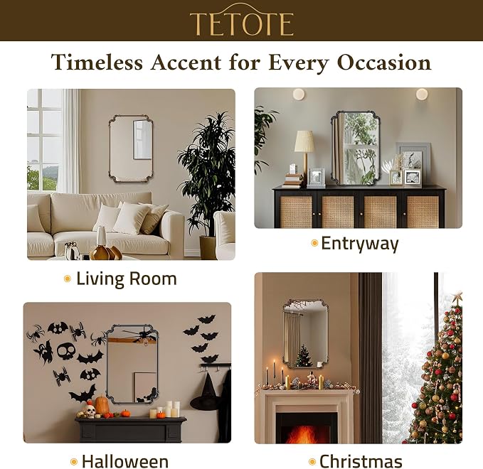 TETOTE Antique Black Rectangle Mirror for Mantle Fireplace 24 x 36 Baroque Vintage Ornate Scroll Wall Mirror with Metal Frame for Traditional Victorian French Decor, Horizontal/Vertical