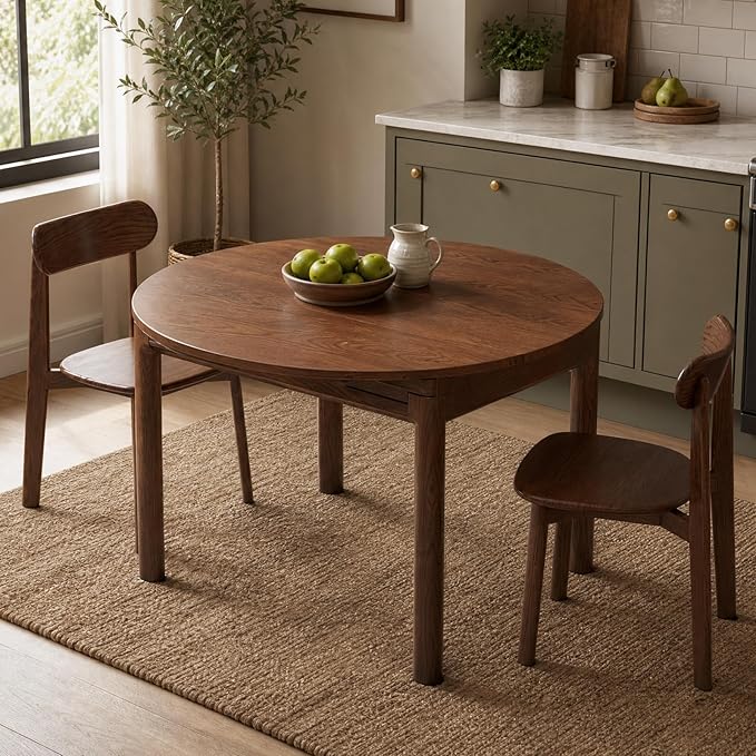 YESWOOD 33.5''-51.2'' Extendable Round Dining Table for 4-8, 100% Solid Oak Expandable Kitchen Table with Removable Leaves, Modern Wood Space Saving Dinner Table for Dining Room, Living Room, Walnut