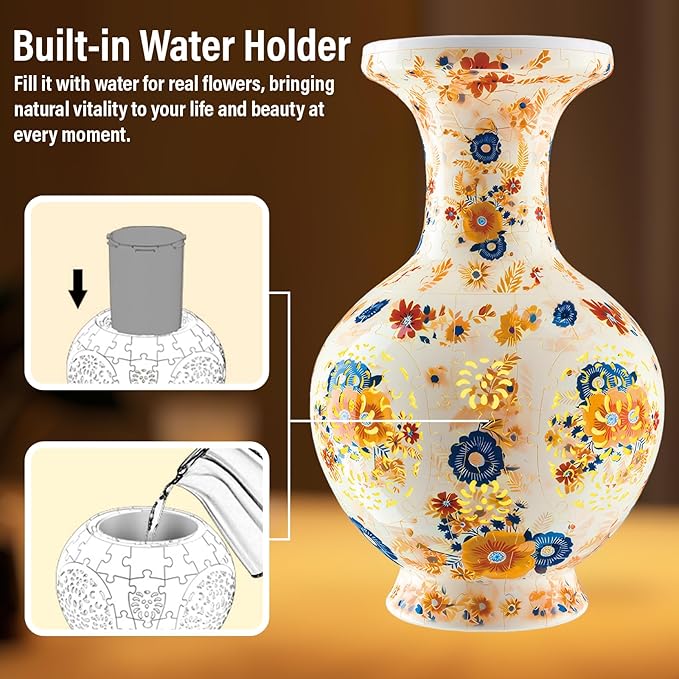 3D Puzzle Vase for Adults, 200 Curved Pieces DIY LED Vase, Unique Craft Kit for Home Decoration, Creative Hobby Gift for Women, Ideal Housewarming & Birthday Gifts (Vintage Floral Cream)