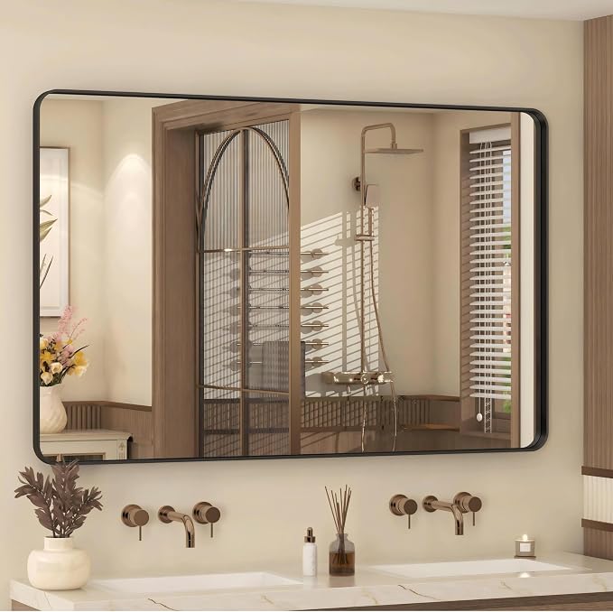 48x30 Inch Black Framed Mirror for Wall, Matte Black Bathroom Rectangle Mirror, Rounded Corner, Anti-Rust, Shatterproof (Horizontal/Vertical)