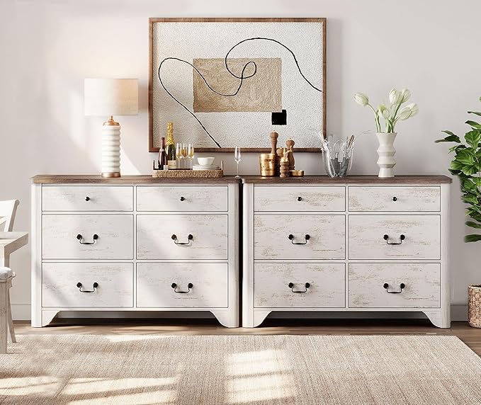 WAMPAT White Dresser with 12 Drawers, 94.5“ W Farmhouse Dresser TV Stand with Large Drawers, Rustic Wood Wide Chest of Drawers for Closet, Wood Dressers for Bedroom, Living Room, Hallway,