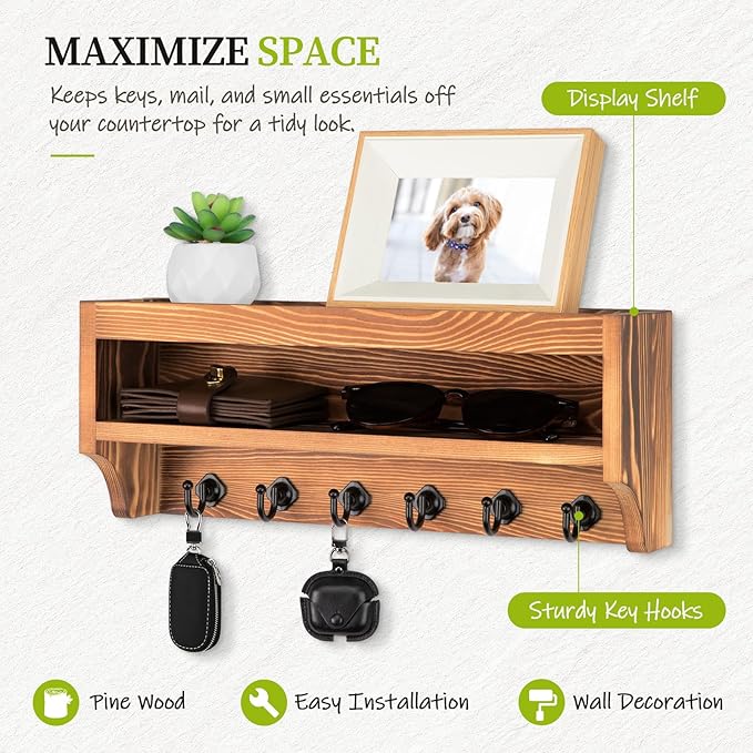 Nekon Key Holder Wall Mount, 12.8" W x 5.6" H x 3.7" D Wall Mounted Key and Mail Organizer with 6 Key Hooks, Key Racks for Home Entryway Decor (Brown)