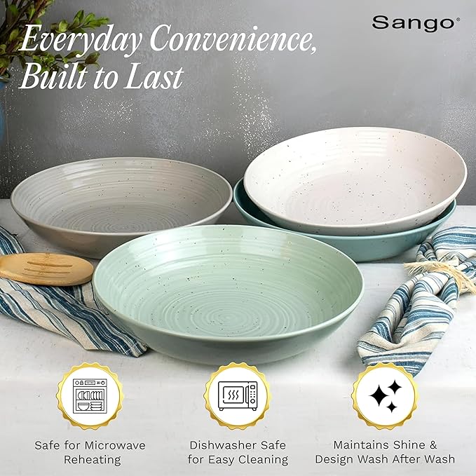 Sango Siterra Artist's Blend Stoneware Pasta Bowls (Set of 4) Multi Assorted Colors– Featuring Soft Gray, Blue, Green, and Ivory, for Everyday Dining & Entertainment, Microwave & Dishwasher Safe