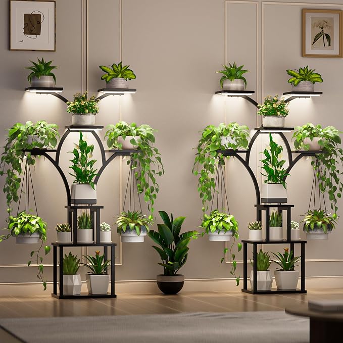 Elbourn 8 Tiered 60" Plant Stand Indoor Shelf with 3 Grow Lights (Black) | Corner Shelf Decor