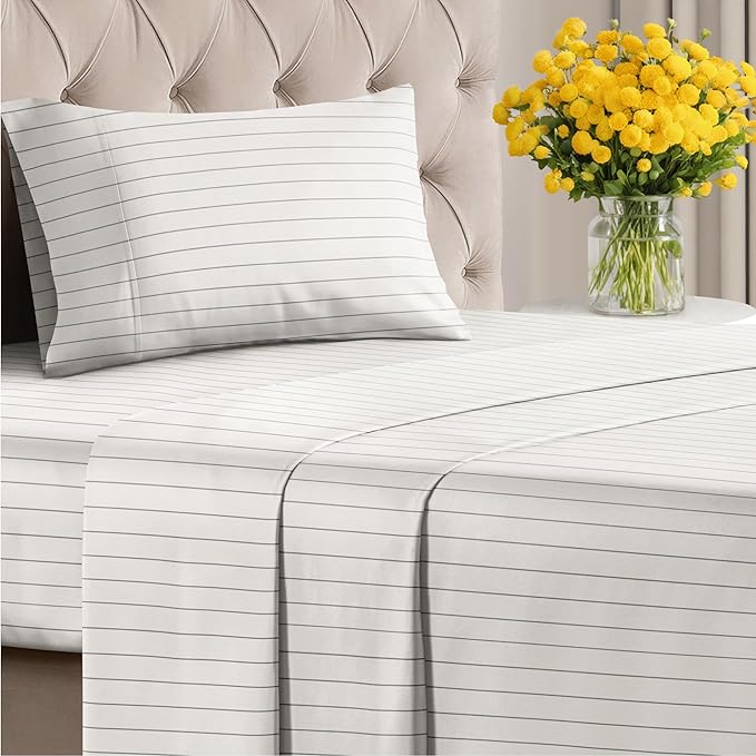 Striped Sheets - Beige & White Striped Sheets - 1 Flat & 1 Fitted & 1 Pillowcase w/ Deep Pockets – Wrinkle & Fade Resistant - Soft, Breathable & Cooling – Luxury Pinstripe Bedding - Twin Size Bed Set