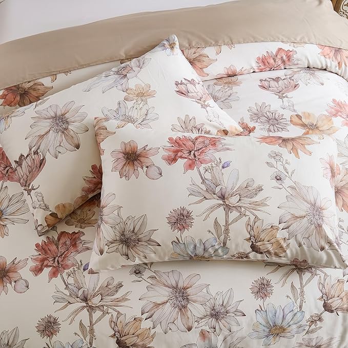 100% Cotton Duvet Cover King Size – Cream Hand-Drawn Watercolor Blooms Duvet Cover Set with Zipper Closure & Corner Ties, 3-Piece Luxury & Silky Soft Bedding Set for All Seasons