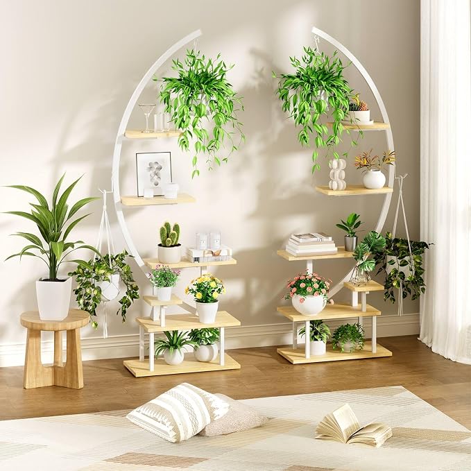 GREENSTELL Plant Stand Indoor with Grow Lights, 7-Tiered Tall Metal Plant Stand for Indoor Plants, Half-Moon Shape Display Shelf for Home,Living Room, Patio, White (1 Pack)