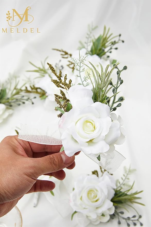 Meldel Boutonniere for Men Wedding, Set of 6, Elegant Artificial White Rose Boutonniere for Wedding Prom Homecoming Party, Perfect Accessories for Groom Best Man