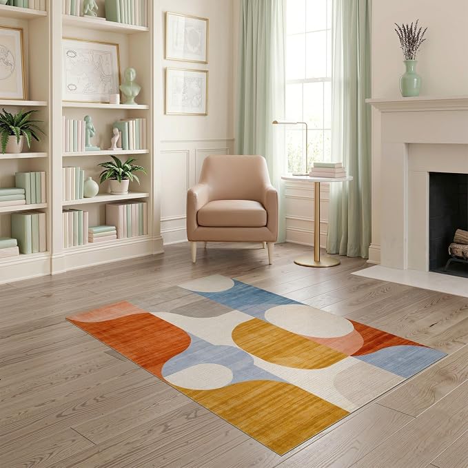 Flatwoven High Traffic Area Rug 4x6, Mid Century Modern Abstract with Fluid Lines and Symmetrical Ovals, Non Slip, Stain Resistant, Washable Area Rugs for Living Room, Bedroom (Orange, 4x6)