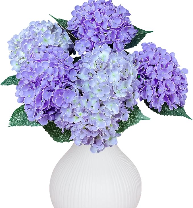 6PCS Premium Purple Hydrangea Artificial Flowers Bouquets, Light Purple Silk Hydrangea Flowers Heads with Stems, Fake Hydrangeas Flowers Arrangement, Faux Hydrangea Decor for Home Wedding Party Table