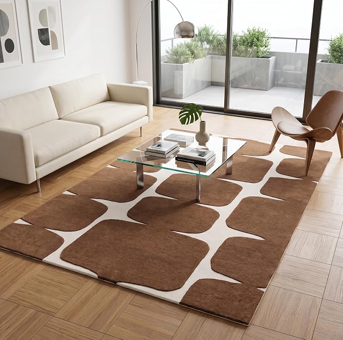 Restoration and Renovation Modern Wool Area Rug - Contemporary Abstract Geometric Design, Thick & Soft Hand-Tufted Carpet - Ideal for Indoor Decor in Living Room, Bedroom (Brown, 8' x 10')